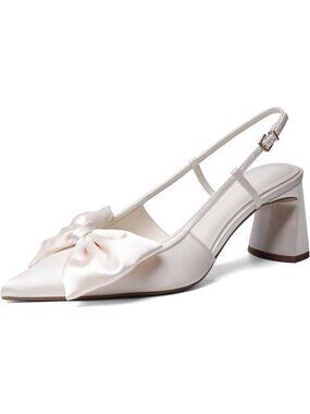 Women’s Cream Bow Pointed Toe Pumps 2.8" Thick Chunky Buckle Strap Mid Low Heels